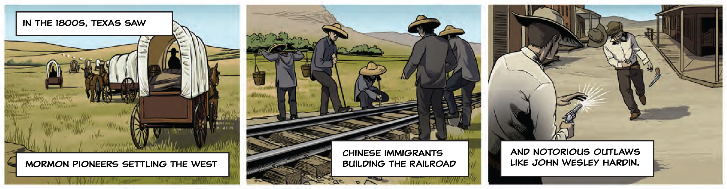 Three panels show: A wagon train crosses the plains. Chinese railroad workers align steel rails across wooden ties as another worker carries water. A pair of gungfighters are on a deserted street, one fires, the other clutches his stomach, drops pistol.