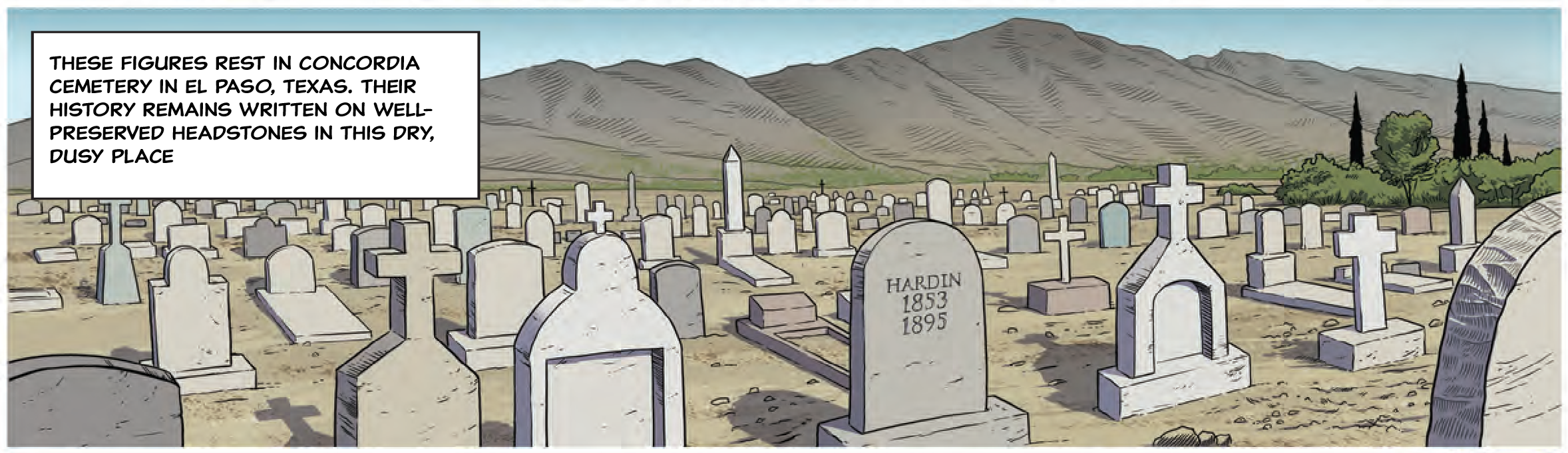 Dozens of different stone grave markers, many with crosses, crowd a sparsely vegetated landscape, with low mountains in the background.