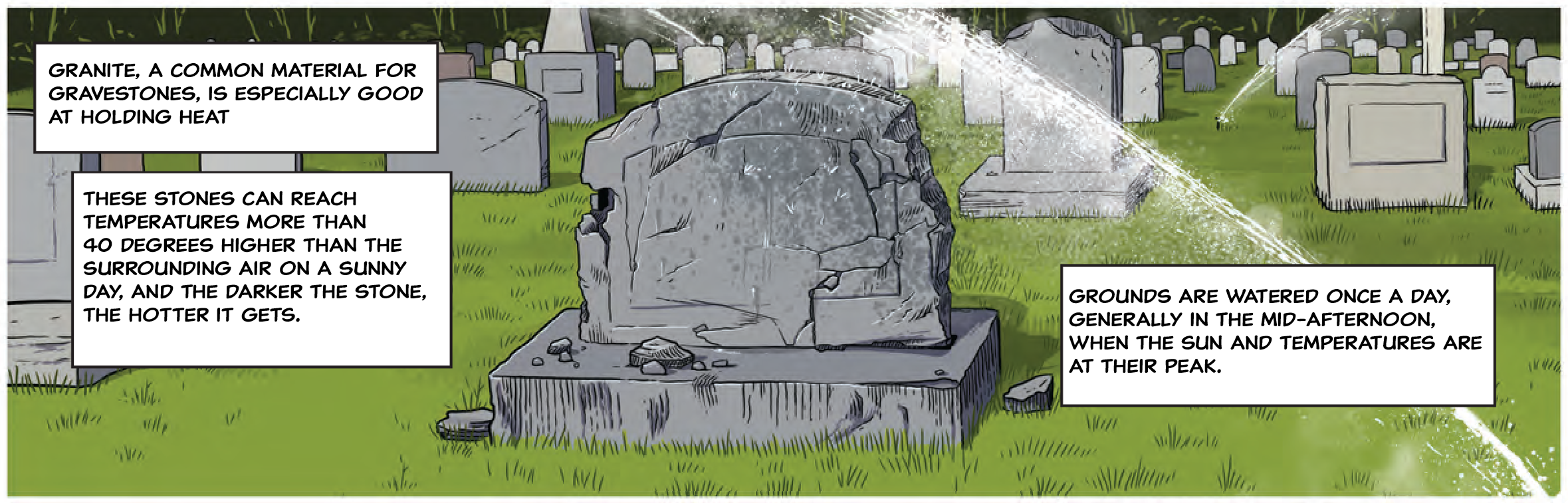 A cracked granite gravestone amid debris sits on a well-manicured cemetery lawn while showered with a water sprinkler.