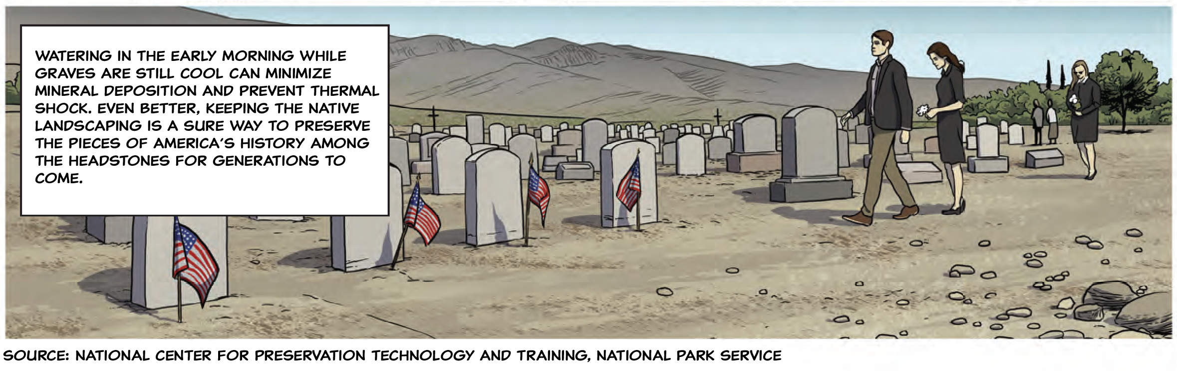 A trio of mourners walk through a dry Southwestern graveyard, flags marking veteran graves.