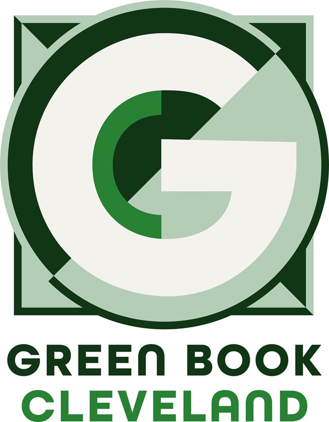 Logo conisting of a large white letter G and green geometric design around it; green text reads Green Book Cleveland.
