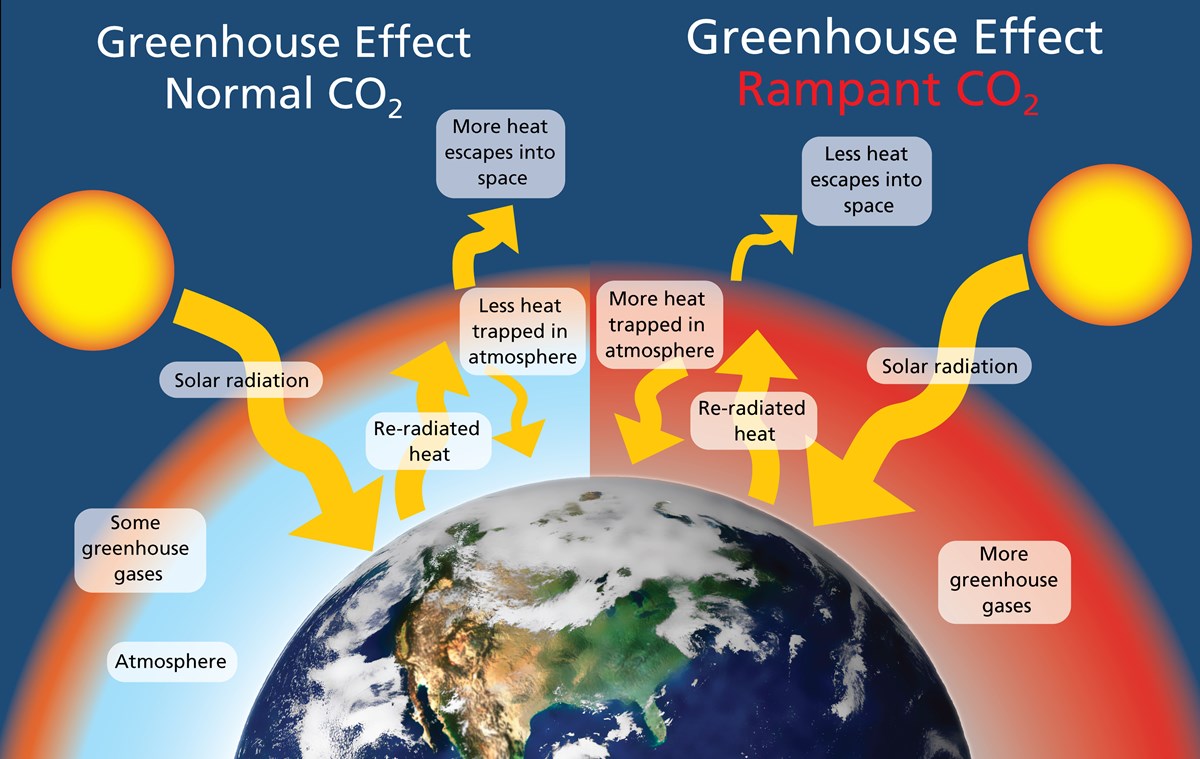 Diagram comparing heat-trapping gasses in the atmosphere with and without fossil fuel emissions from human activity.