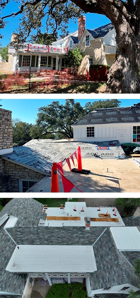 Set of three photos showing work being done on the roof of a large, white frame house.