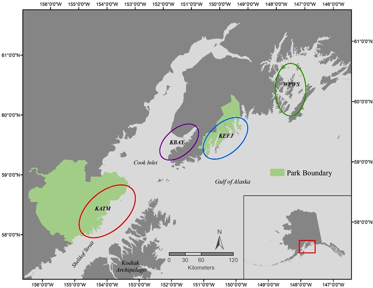 Gulf Watch Alaska long-term monitoring program regions Map with Gulf Watch Alaska long-term monitoring program regions circled with different colors.