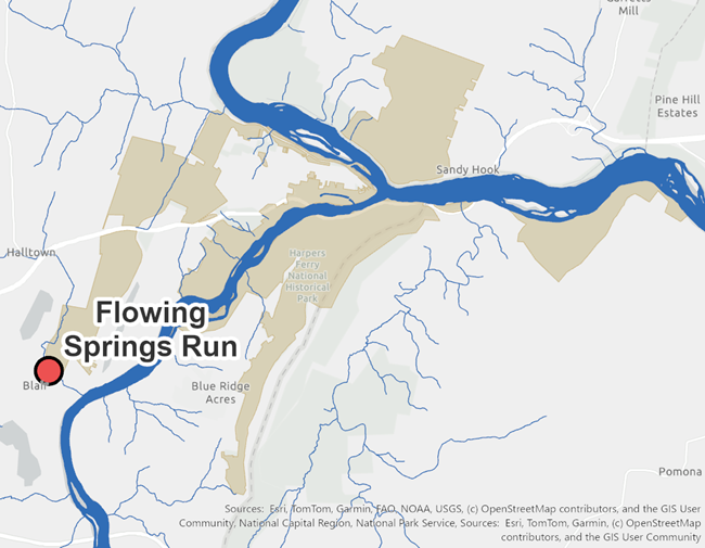 Map showing location of Flowing Springs Run in Harpers Ferry National Historical Park.