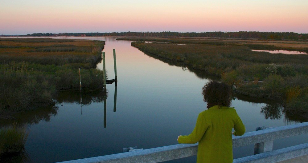 a woman along a low bridge gazes out at a grassy wetland with canals as the sun begins to set