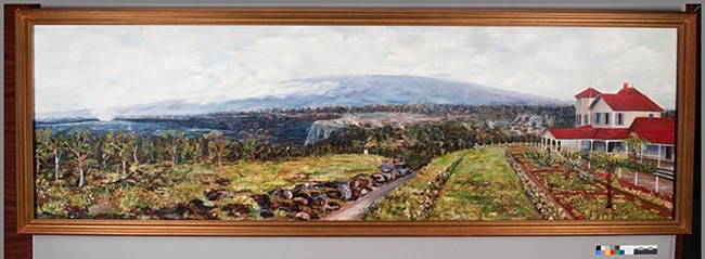 DIMENSIONS: Image: H 39.0 cm, W 131.0 cm
Outside of Frame (cm): H 46.0 cm, W 138.0 cm
Outside of Frame (in): H 18 in, W 54 1/2 in One framed oil painting on canvas depicting a panoramic scene of the Volcano House ca. 1894-1920.
