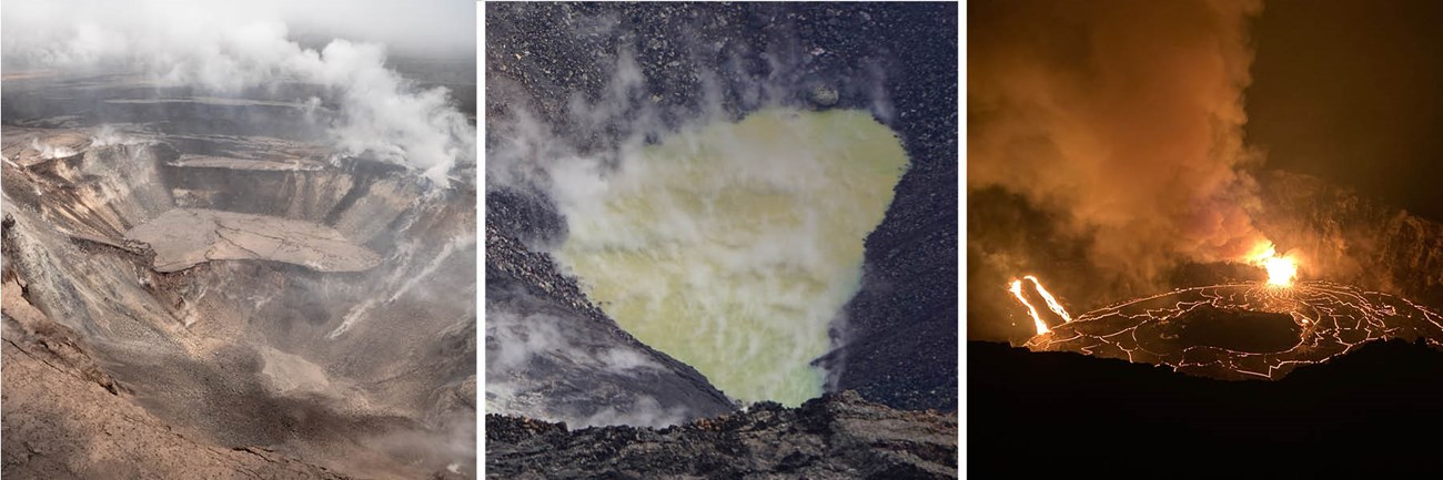 A triptych showing three photos of a collapsed crater, a water lake, and lake of lava