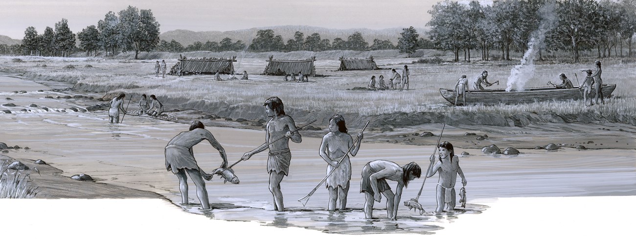 Panoramic scene of a grassland along a river with distant trees. Five people spear fish. Three collect mussels. Five carve a wooden canoe. Three distant tent-shaped log homes.