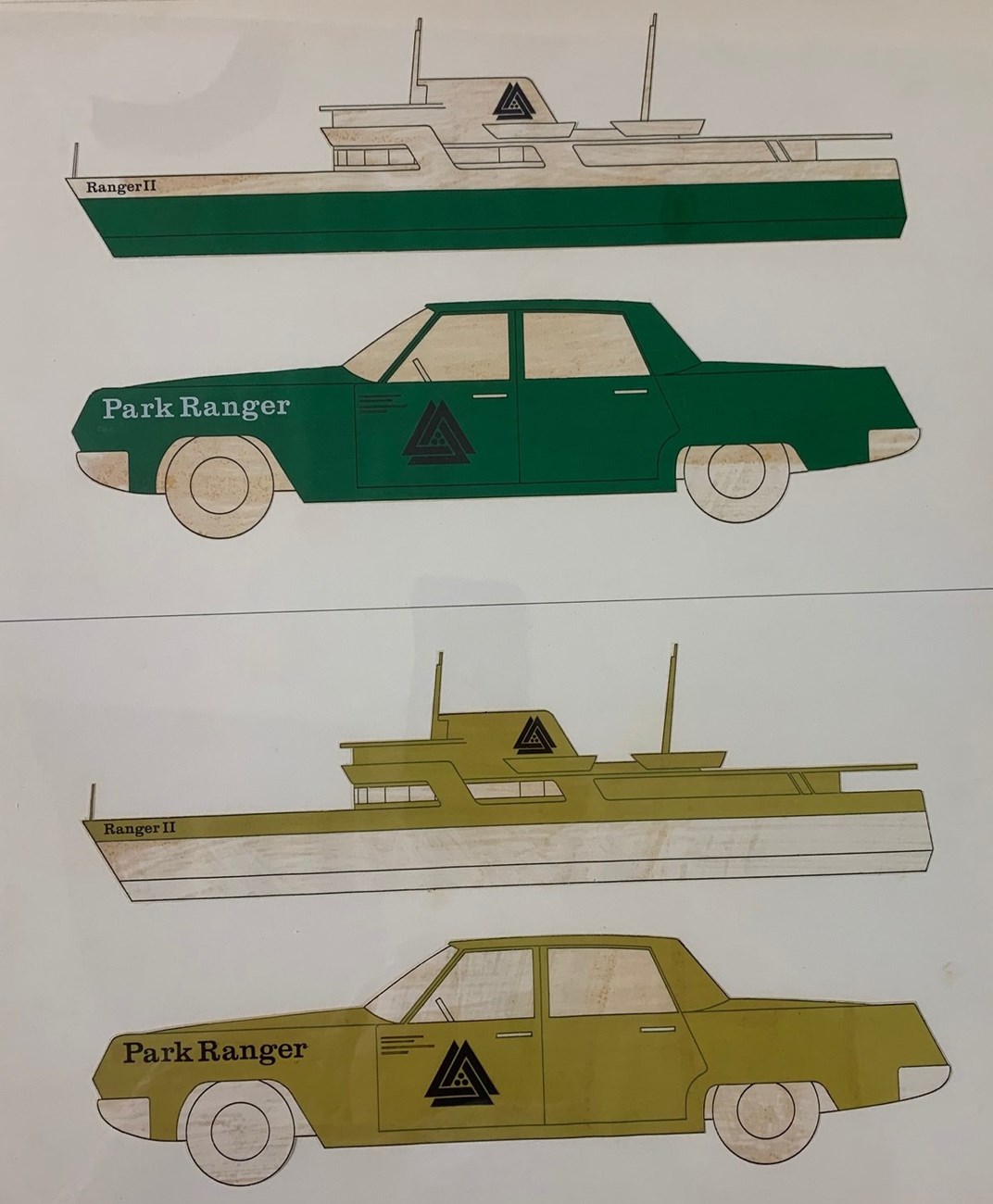Drawing with two green and two yellow cars and boats