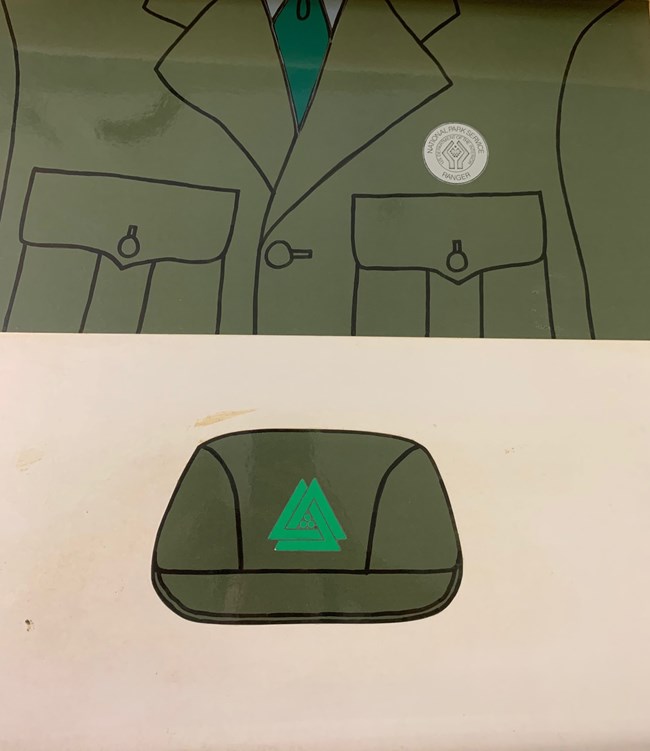 Green uniform coat with round DOI seal badge and hat with Parkscape symbol