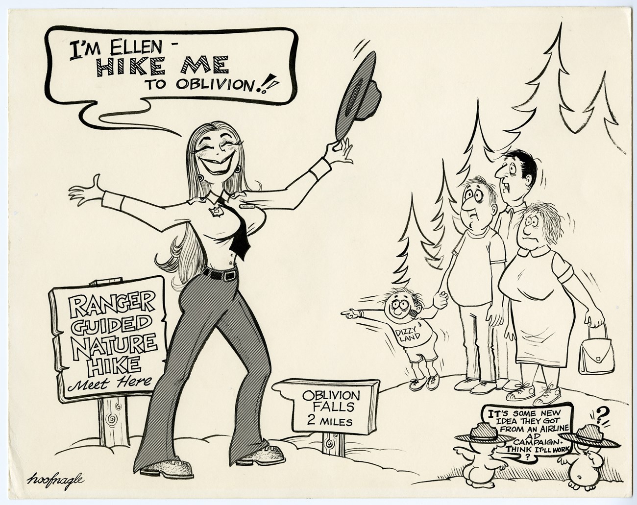 Cartoon of a large-breasted woman ranger saying "I'm Ellen Hike me to Oblivion" to a family standing nearby.