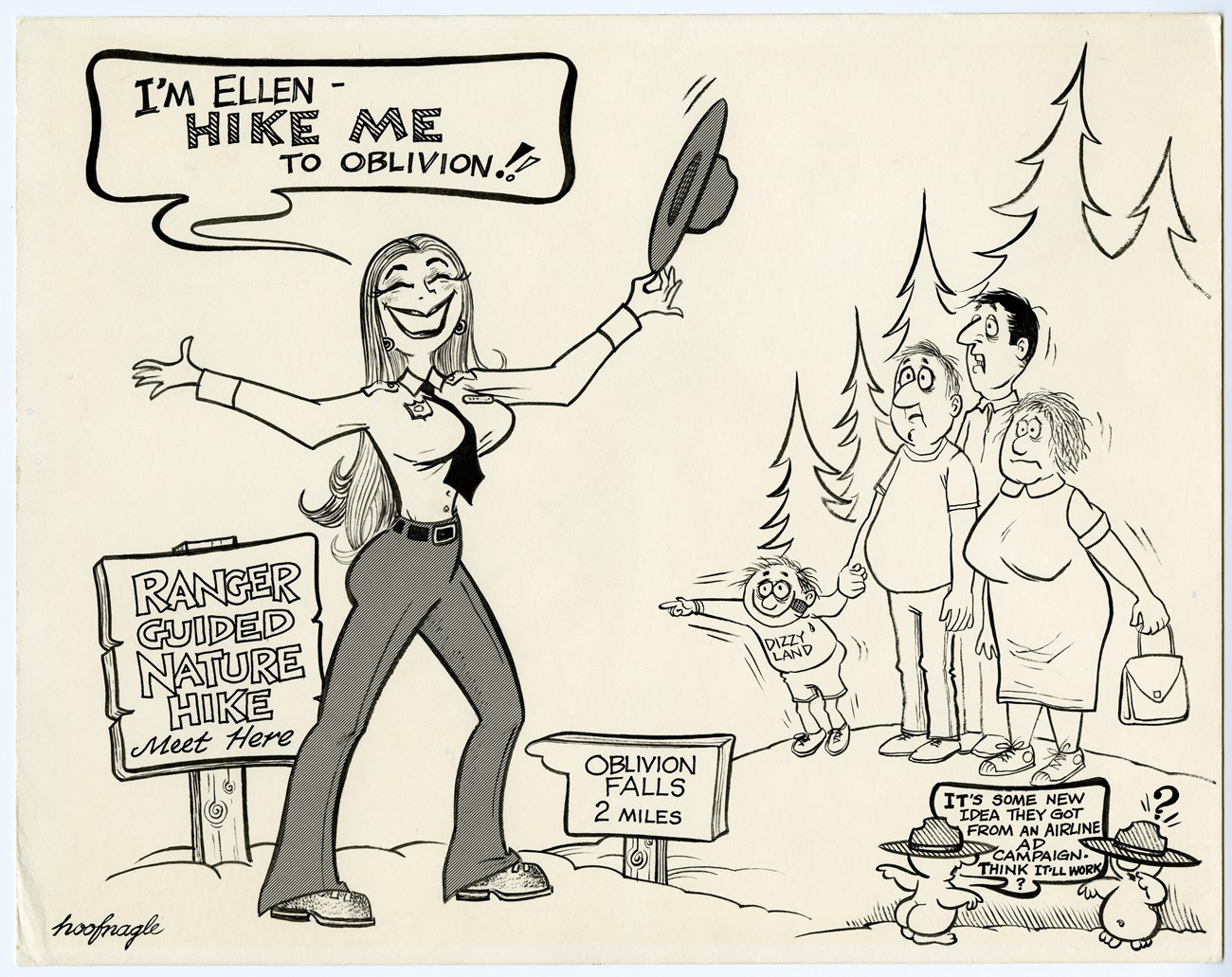 Hike me to Oblivion. Cartoon of a large-breasted woman ranger saying "I'm Ellen Hike me to Oblivion" to a family standing nearby.