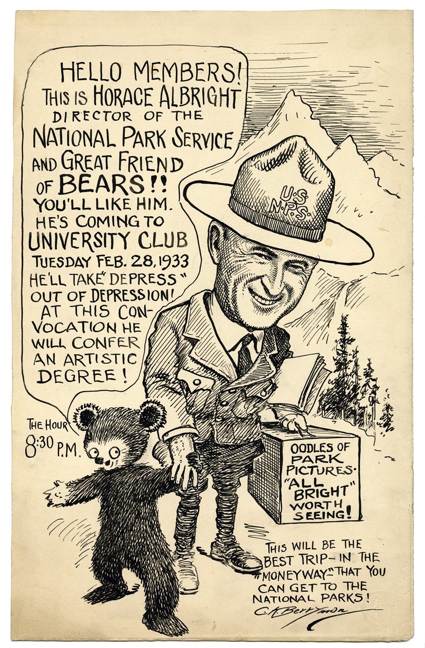 Cartoon of Horace Albright holding a bears hand, advertising a lecture.
