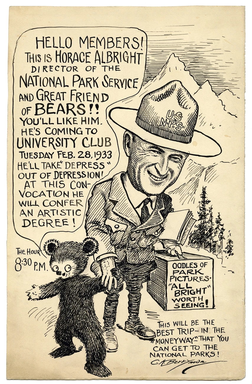 Horace Albright and Berryman bear Cartoon of Horace Albright holding a bears hand, advertising a lecture.
