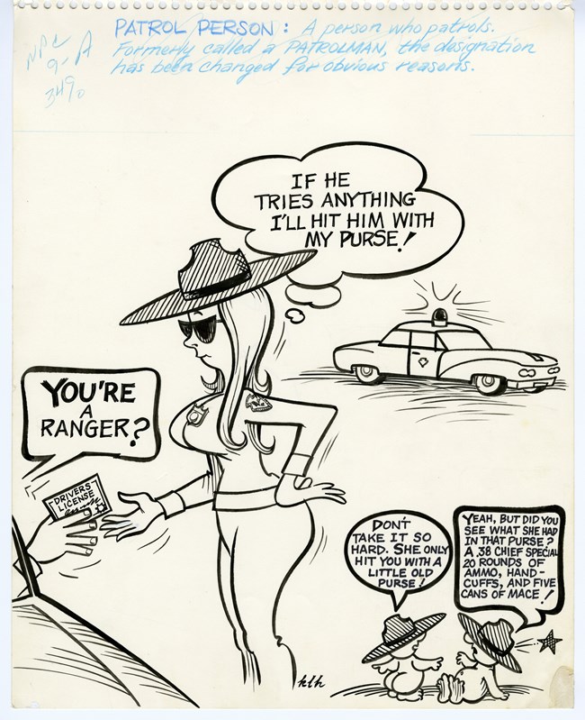 Cartoon of a large-breasted park ranger stopping a car