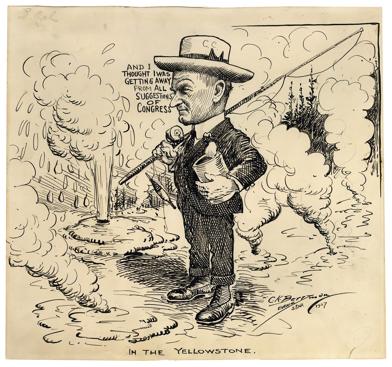 Cartoon of Calvin Coolidge holding a fishing pole and surrounded by spouting geysers.
