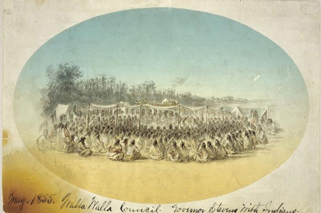 An 18th century drawing showing several dozen Native Americans gathered around tents.