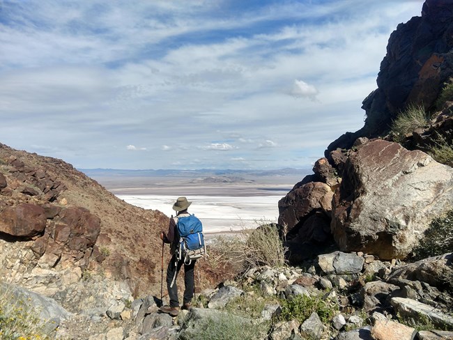 woman in hiking gear looking out into a desert valley