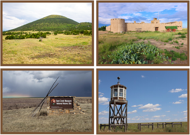 Read how the four High Plains Group National Park Service sites in southeastern Colorado and northeastern New Mexico are connected throughout history. Four image boxes containing landscape photos of the following High Plains Group parks: Bent's Old Fort, Sand Creek Massacre, Amache, Capulin Volcano