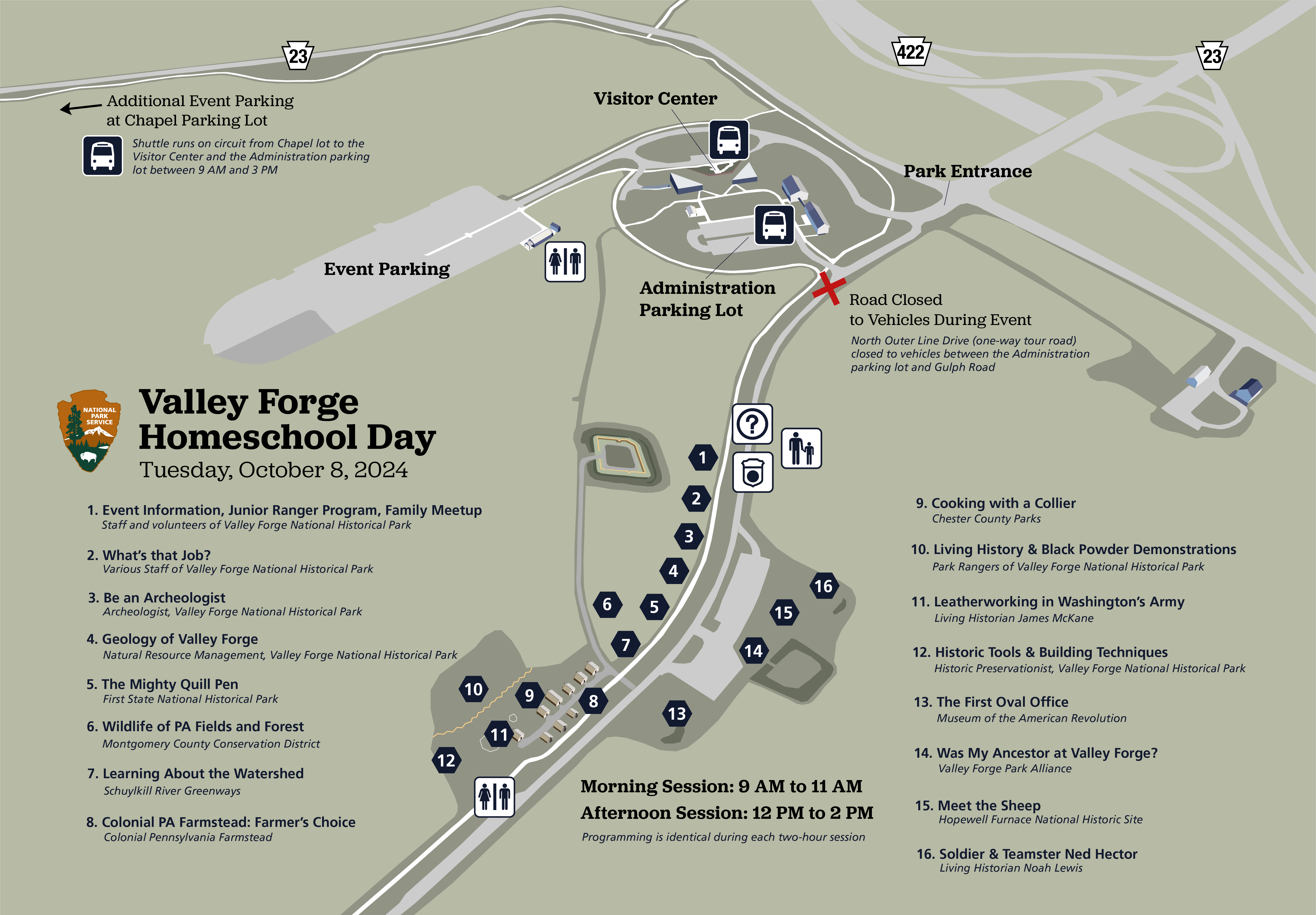 HSD 2024 Activities Map Map graphic showing an aerial view of the visitor center and lower parking lot and the Muhlenberg Brigade log huts. Numbers indicate the location and titles of Homeschool Day activity stations near Muhlenberg's Brigade.
