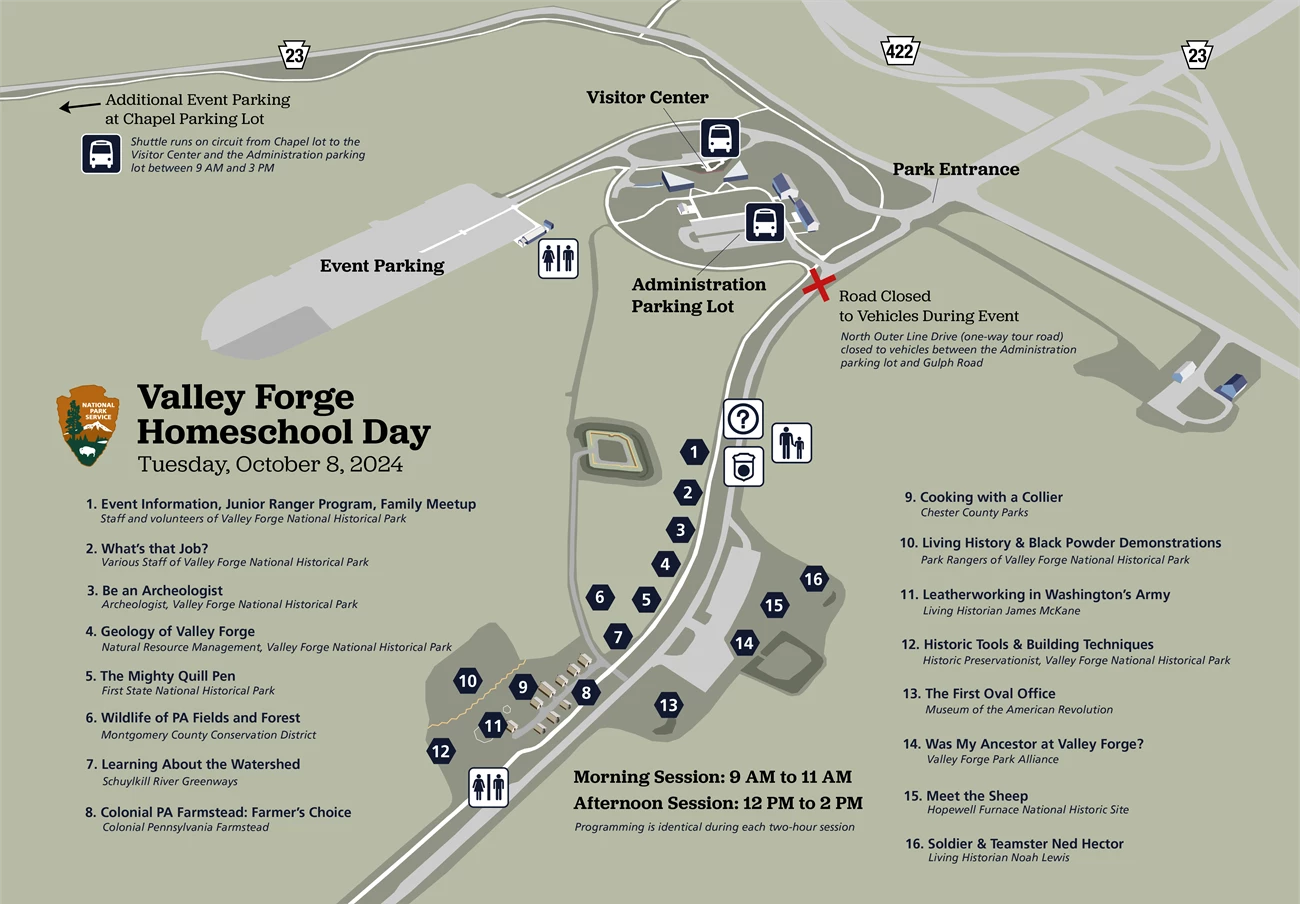 HSD 2024 Activities Map Map graphic showing an aerial view of the visitor center and lower parking lot and the Muhlenberg Brigade log huts. Numbers indicate the location and titles of Homeschool Day activity stations near Muhlenberg's Brigade.