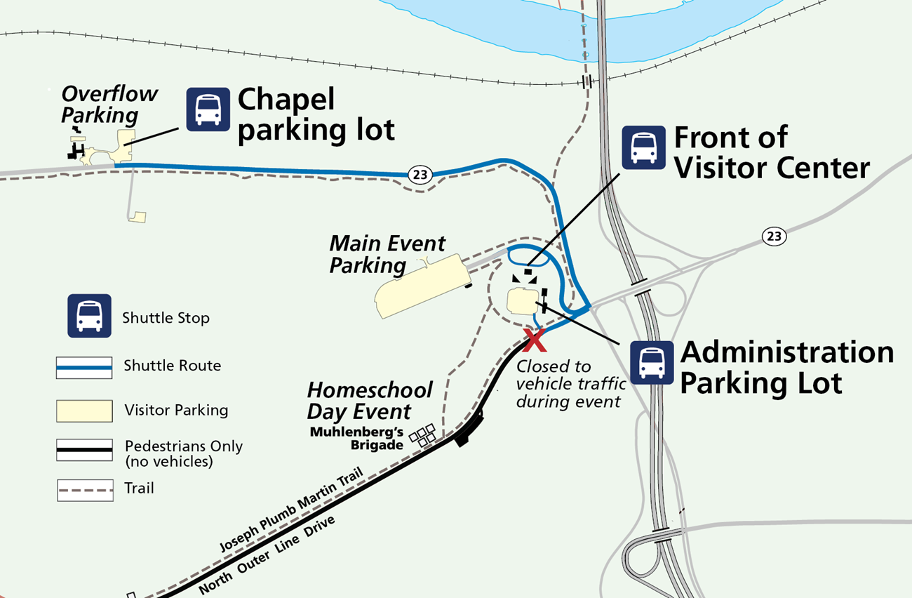 HSD 2024 Shuttle Route Map A map graphic showing three shuttle stops, one at the Chapel lot, one in front of the Visitor Center at Valley Forge, and one in the Administration Parking lot.