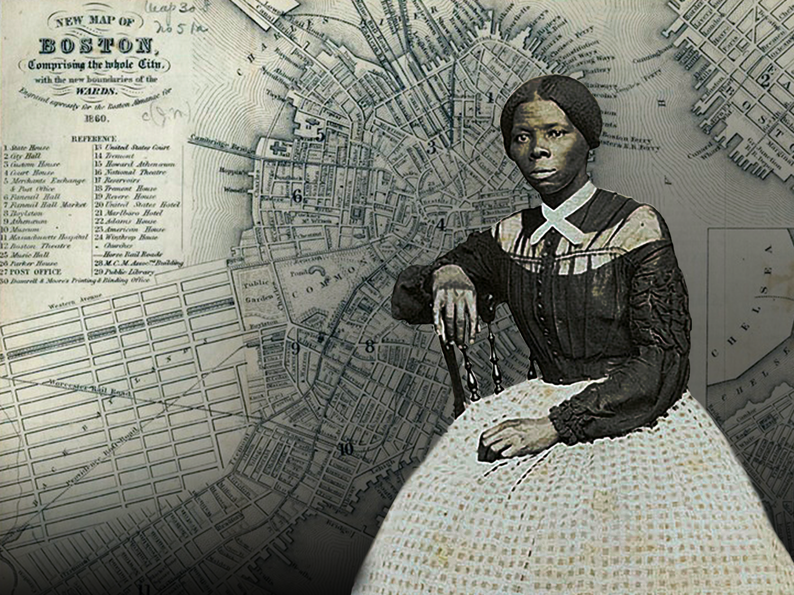 Harriet Tubman portrait over a map of Boston.