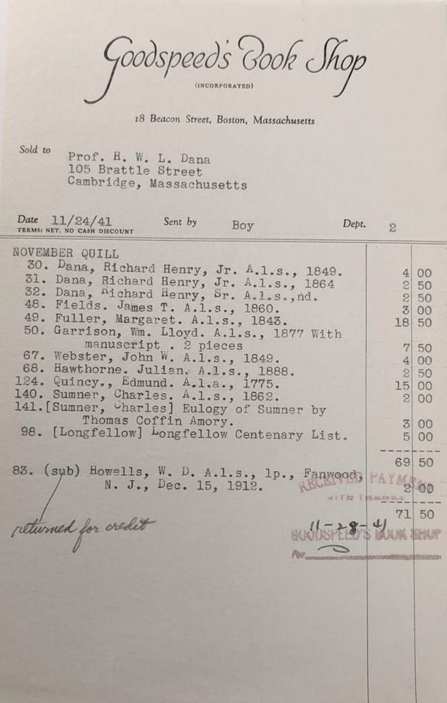 Typewritten receipt for 12 letters dated 11/24/41, totaling $71.50