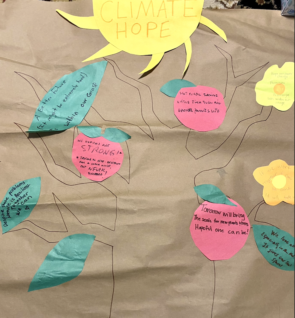 Brown paper with a tree drawn on top. A sun is above the tree and the tree has green leaves and red apples on top of it, each piece of paper having haikus on them.