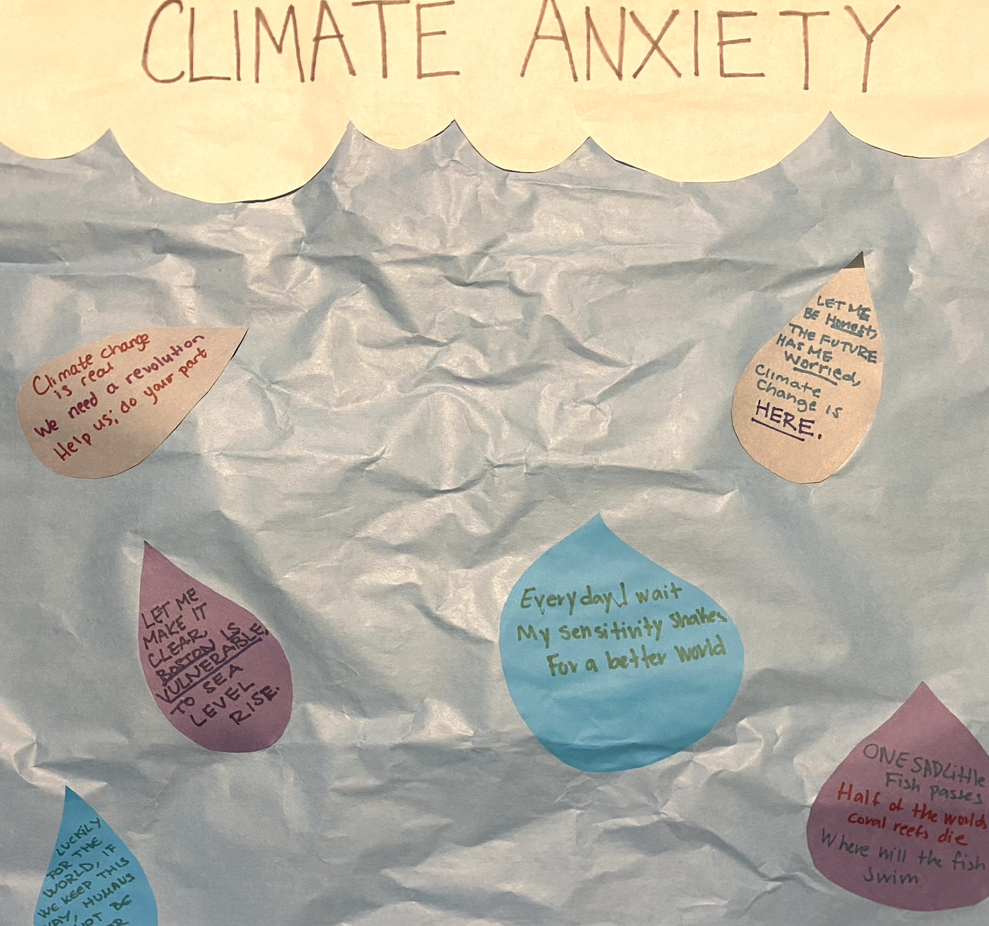 Gray poster with clouds at the top titled Climate Anxiety. Paper raindrops of different colors are on top of the background, each has a haiku written on it.