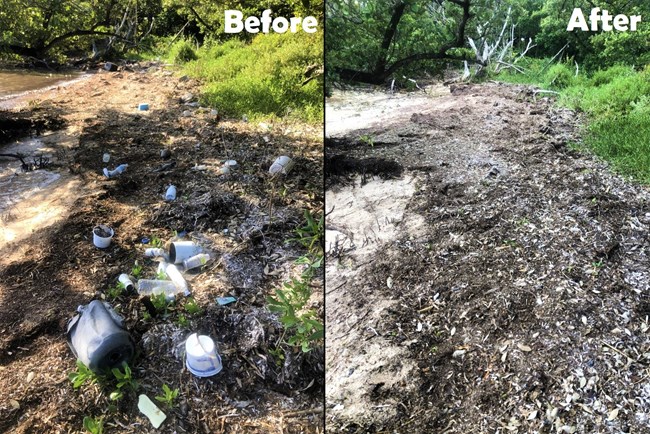 A before and after image of a beach. The image on the left shows a small beach strew with various types of garbage. The right image shows the same section after a beach clean up, showing a much cleaner area.