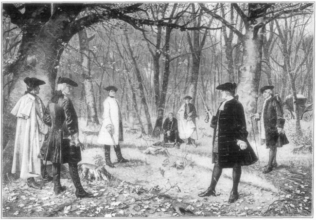 In this black and white illustration, two  men in colonial attire stand in the woods with pistols drawn