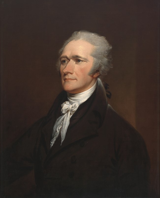 A bust portrait of Alexander Hamilton in front of a dark background.