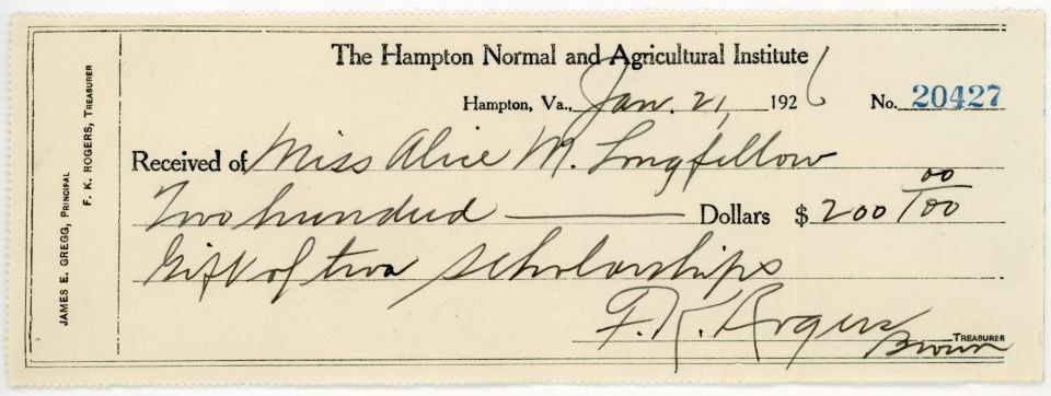 Receipt from Hampton Institute handwritten on printed form for $200 in 1926 from Alice Longfellow