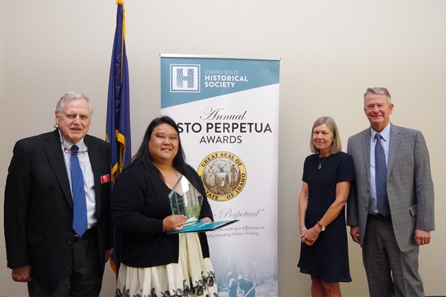 Hanako is awarded the Esto Perpetua, lifetime achievement award, from the Idaho State Historical Society. Left to right: Paul Smoth, board of trustee, ISHS, Hanako, Teresa Little, First Lady, Gov. Brad Little of Idaho