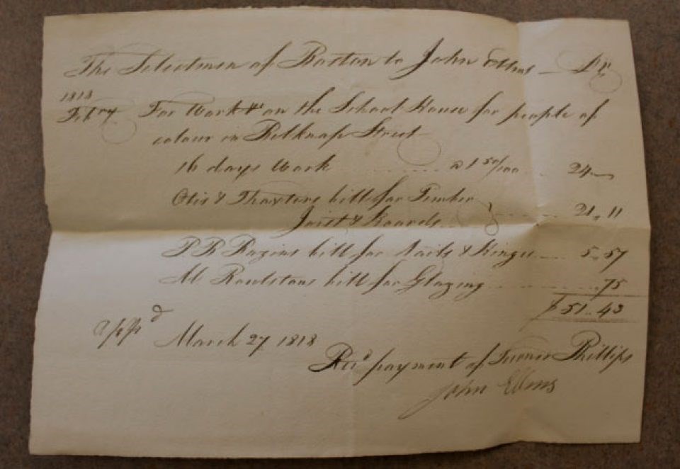 A handwritten receipt "For work on the school house for people of colour in Belknap Street" Then a breakdown of the costs totaling $51.43