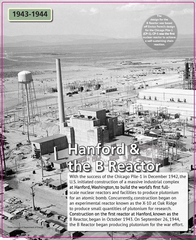An aerial photograph of Hanford shows numerous industrial buildings and support facilities.