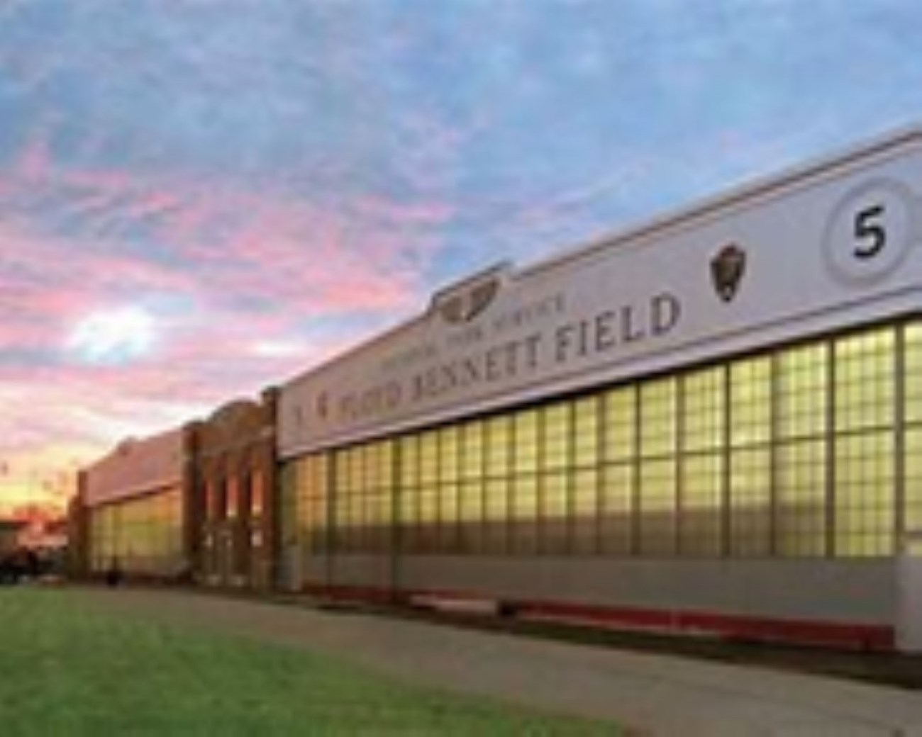 Floyd Bennett Field Historic Hangars Two Hsitoric Hangars under a sunset