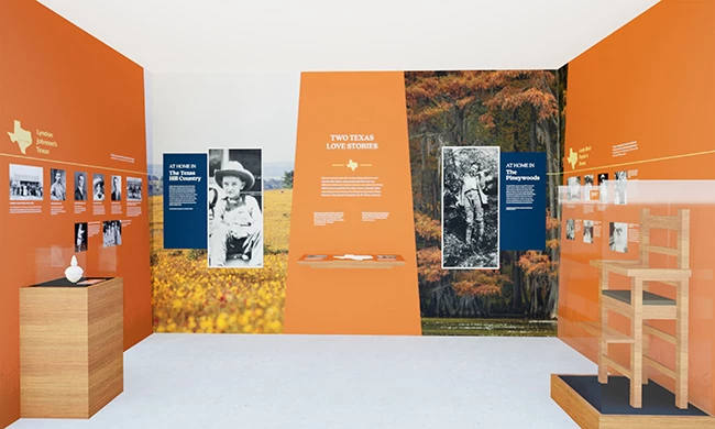 Artist rendition of a gallery of exhibits about Lyndon and Lady Bird Johnson's childhoods.