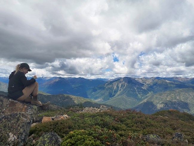 Woman sits on a rock overlooking alpine shrubs, a mountainous landscape, and a cloudy sky.