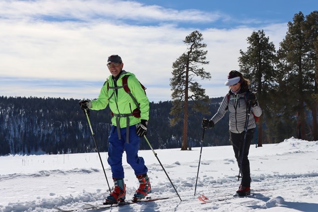 Two cross-country skiers smile as they glide along a groomed trail in a snowy landscape.