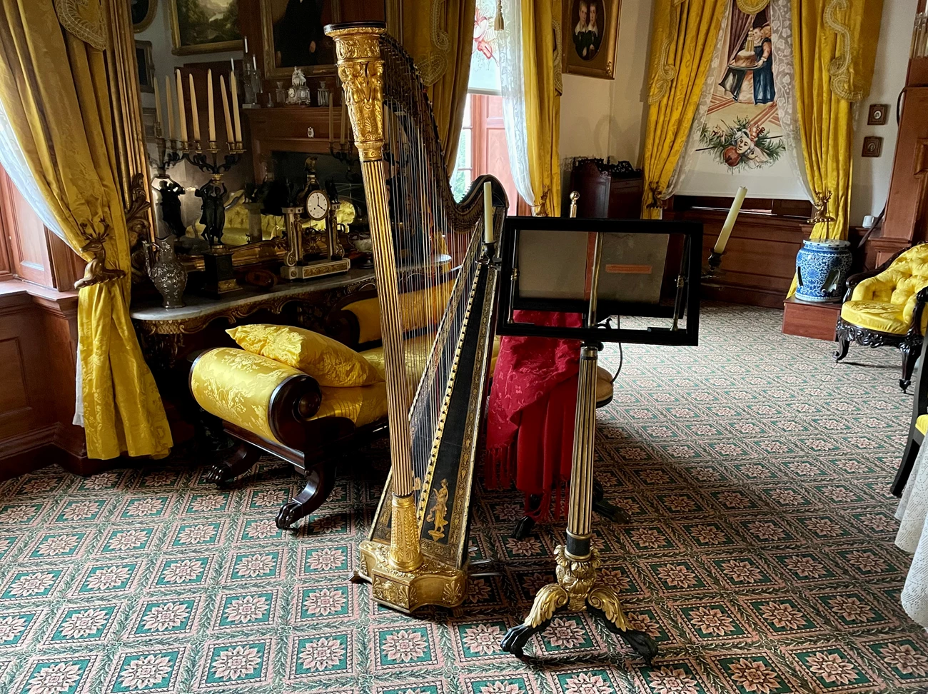 Erard harp (HAMP 2598) post-conservation Erard harp on display in music room, post-conservation