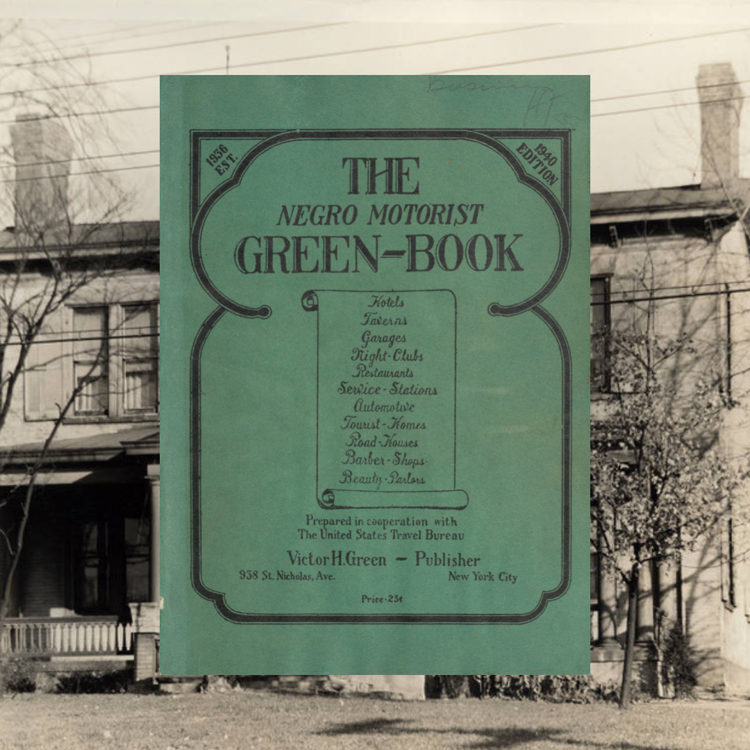 Photo collage showing a historic image of the Harriet Beecher Stowe House in the background and the Green Book in the foreground.
