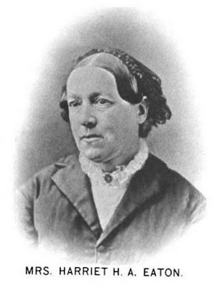 Harriet Eaton, Civil War Quilts Blog A sketch portrait of a middle-aged lady in 1860s clothing.