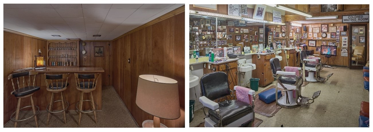 (Left) Color HABS photograph showing a wood paneled carpeted room with wood bar and stools. (Right) Interior of the Malden Brothers Barber Shop at the Ben Moore Hotel in Montgomery, Alabama.