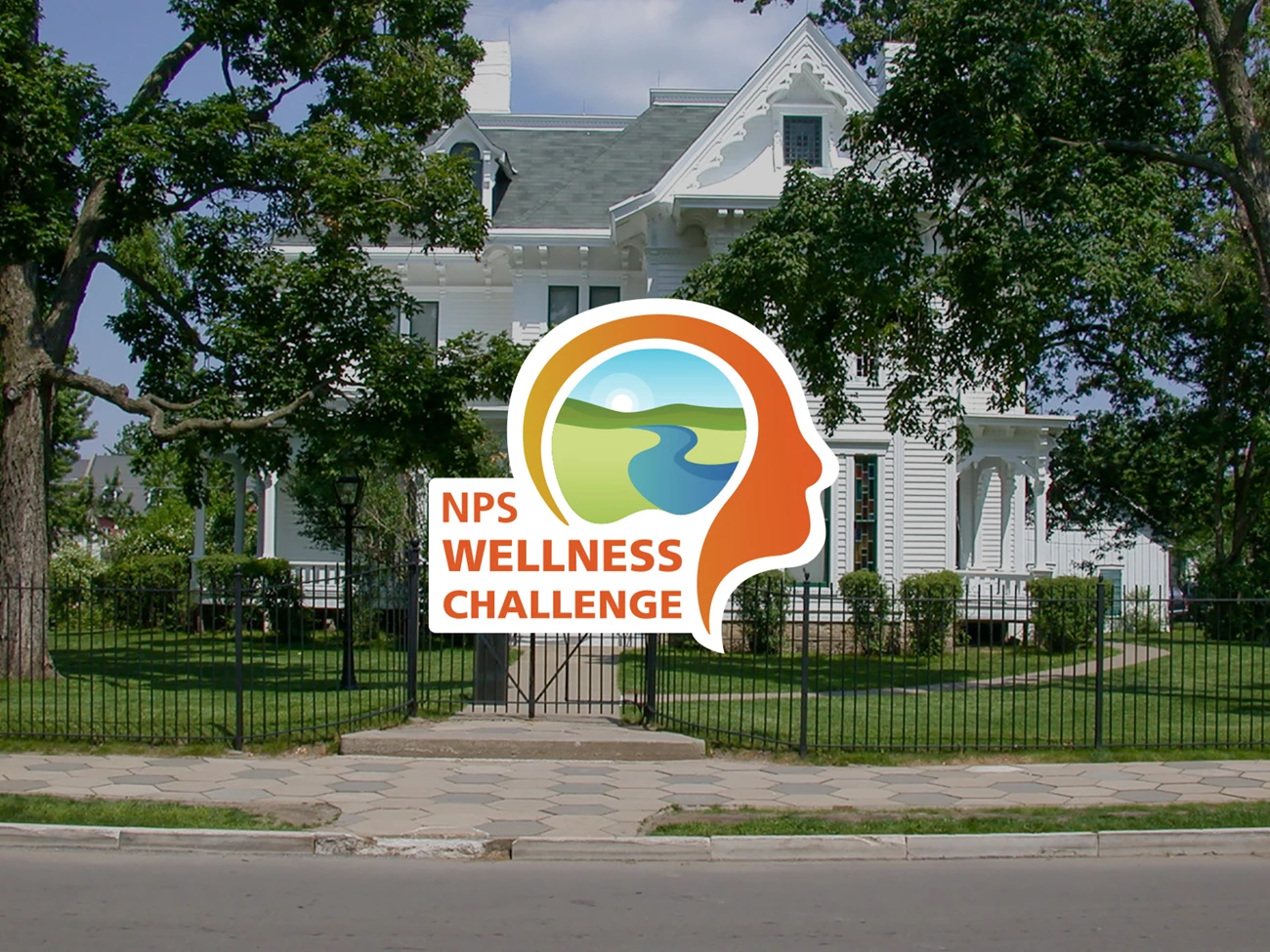 Harry S Truman National Historic Site Wellness Challenge logo Orange outline of head, wellness challenge logo, in front of Truman Home