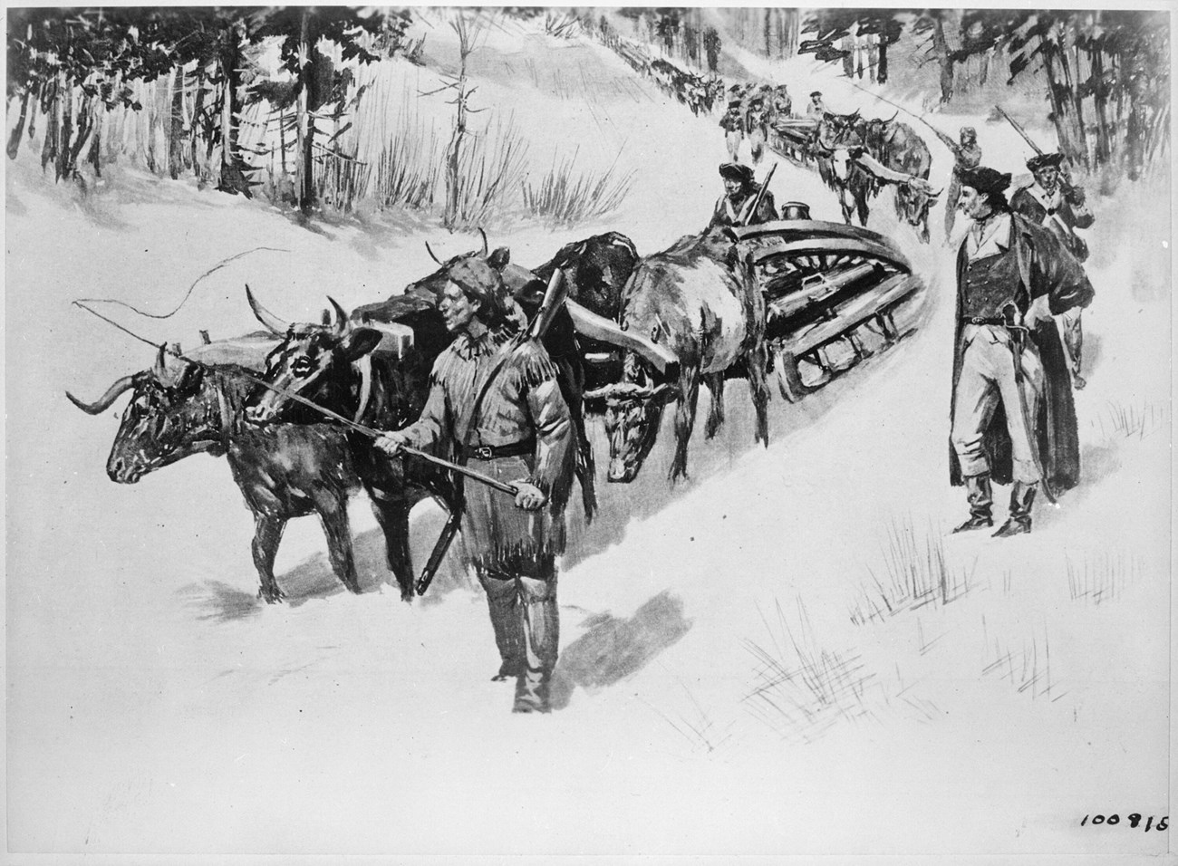drawing of train of oxen and soldiers in the snow. Oxen are carrying cannon.