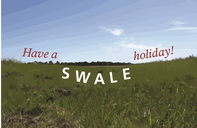 Grassy field with the text, "Have a swale holiday!"