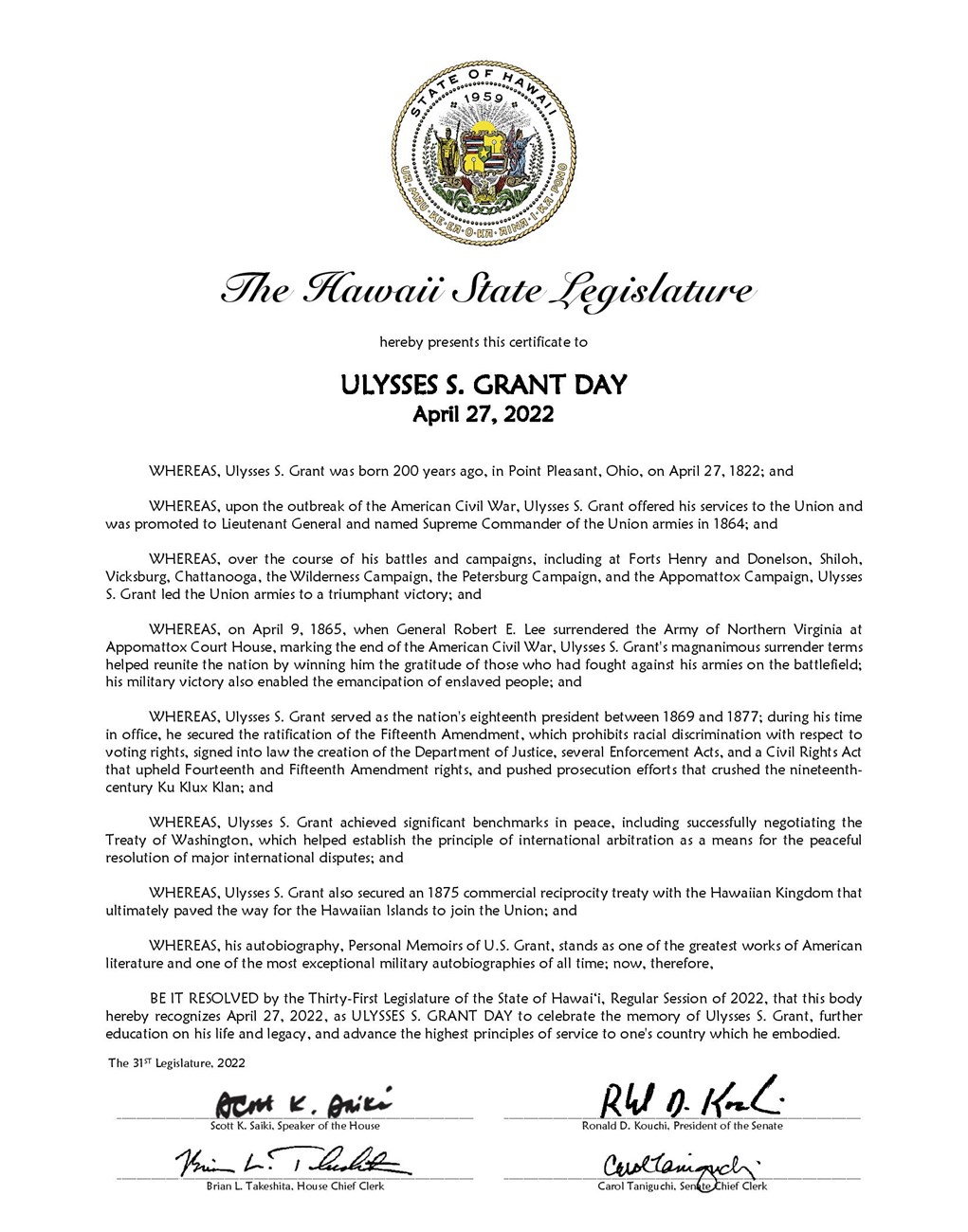 Message from Hawaii honoring Grant's 200th Birthday. Seal of Hawaii pictured in color in top center of page
